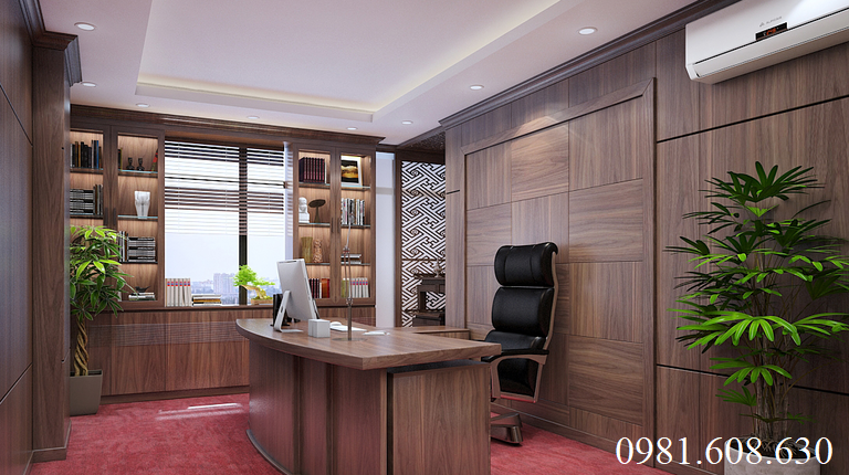 Phòng làm việc thiết kế nội thất bằng gỗ óc chó tạo không gian yên tĩnh cho gia chủ tập trung làm việc