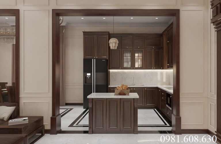 Thiết kế nội thất phòng bếp bằng gỗ óc chó thông minh, tạo không gian riêng