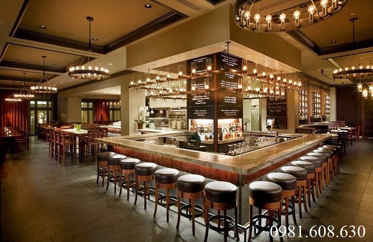 Mẫu thiết kế nội thất nhà hàng bằng gỗ óc chó theo kiểu quầy bar phong cách hiện đại