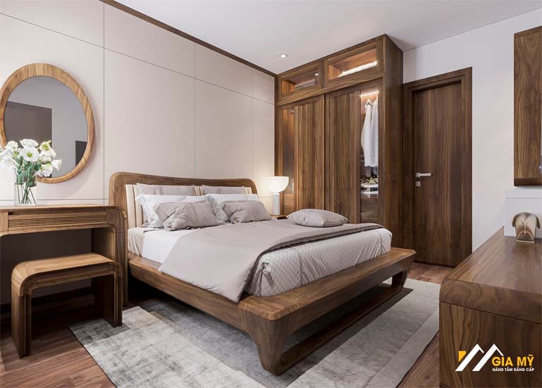 Không gian sống đẳng cấp trong phòng ngủ sử dụng gỗ óc chó
