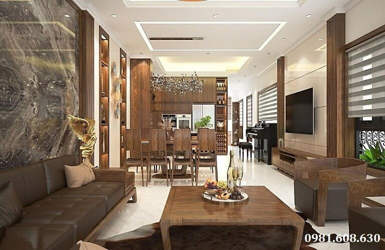 Phong cách thiết kế chung cư với phòng khách liền phòng bếp nội thất hiện đại, sang trọng, đủ tiện ích