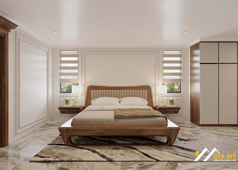 Không gian phòng ngủ thoải mái với giường ngủ kết hợp với đệm đầu giường