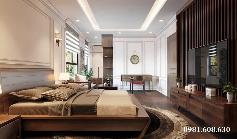 Phòng ngủ thiết kế phong cách truyền thống với đầy đủ các tiện nghi