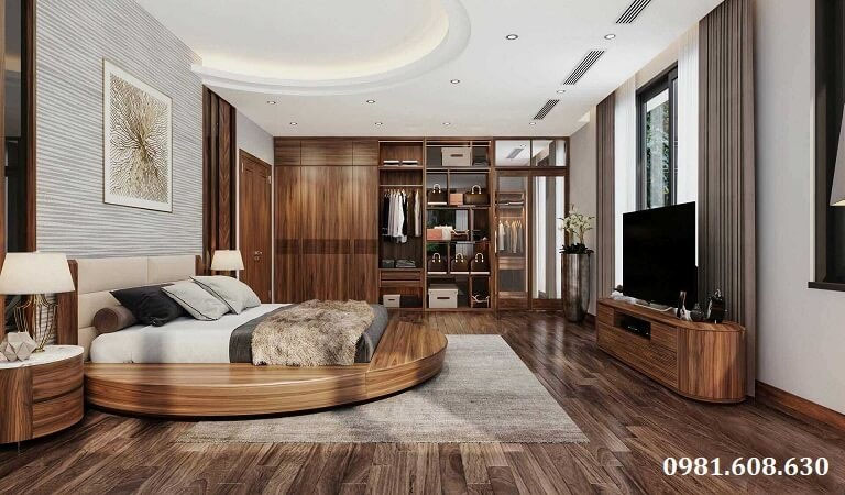 Thiết kế phòng ngủ gỗ óc chó sang trọng phối màu nhẹ nhàng mang đến sự tinh tế, thoải mái cho căn hộ chung cư