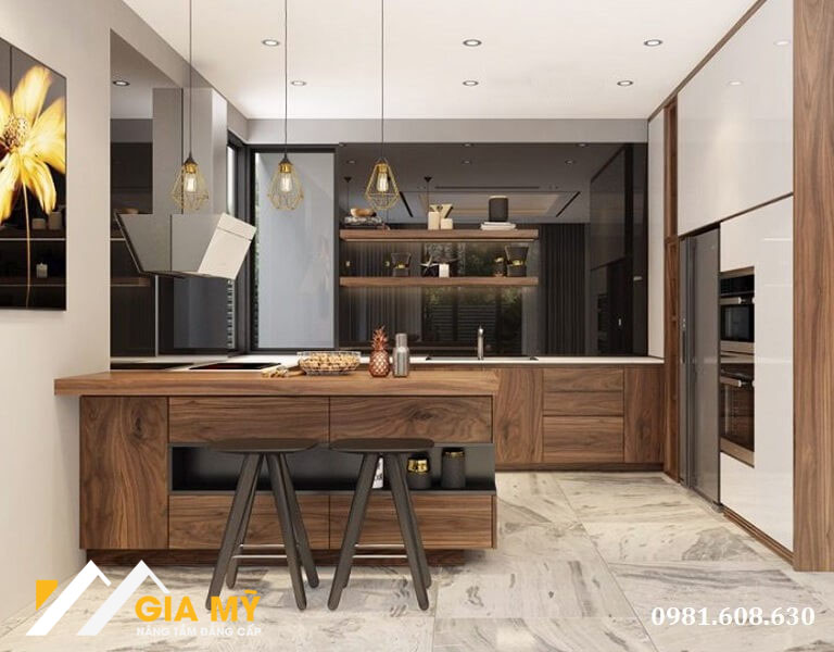 Thiết kế nội thất tối giản cho những không gian chung cư nhỏ gọn, tủ bếp cùng bộ bàn ghế bar đơn giản