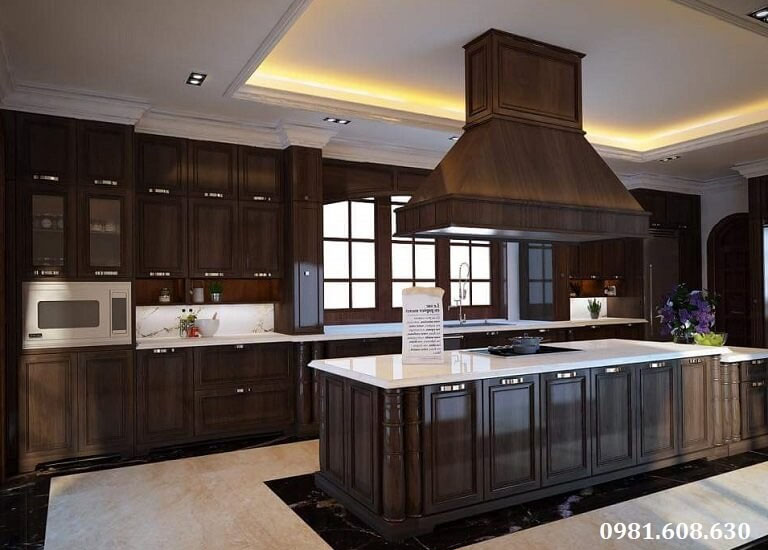 Tủ bếp gỗ óc chó phong cách cổ điển, sang trọng cho những căn chung cư cao cấp diện tích lớn