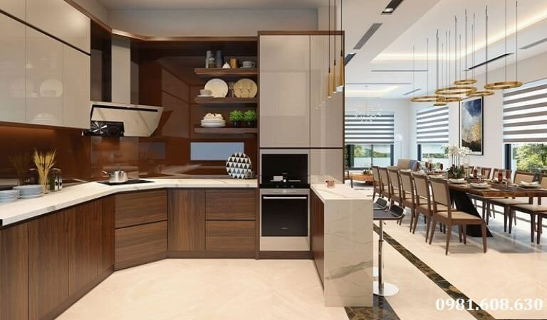  Kiểu thiết kế phòng bếp theo hướng hiện đại với tủ bếp L, phòng ăn rộng lớn cho chung cư có diện tích rộng