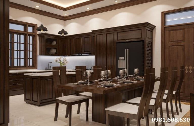 Phòng bếp dùng gỗ óc chó phong cách sang trọng, mang đến không gian ấm cúng cho gia đình